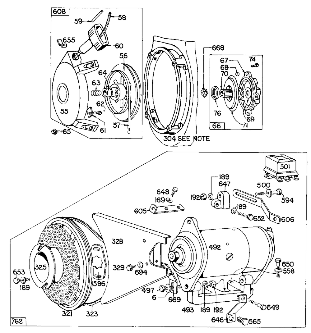 Electric Starter,rewind Diagram and Parts List for 200414-0127-XX  Briggs and Stratton Engine